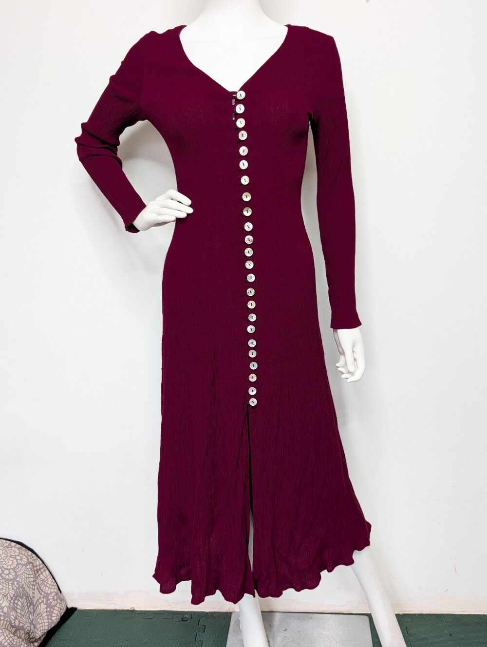 80s Wine Purplish Red V Neck Button Up Long Sleeve Midi Dress With Lace Up Back